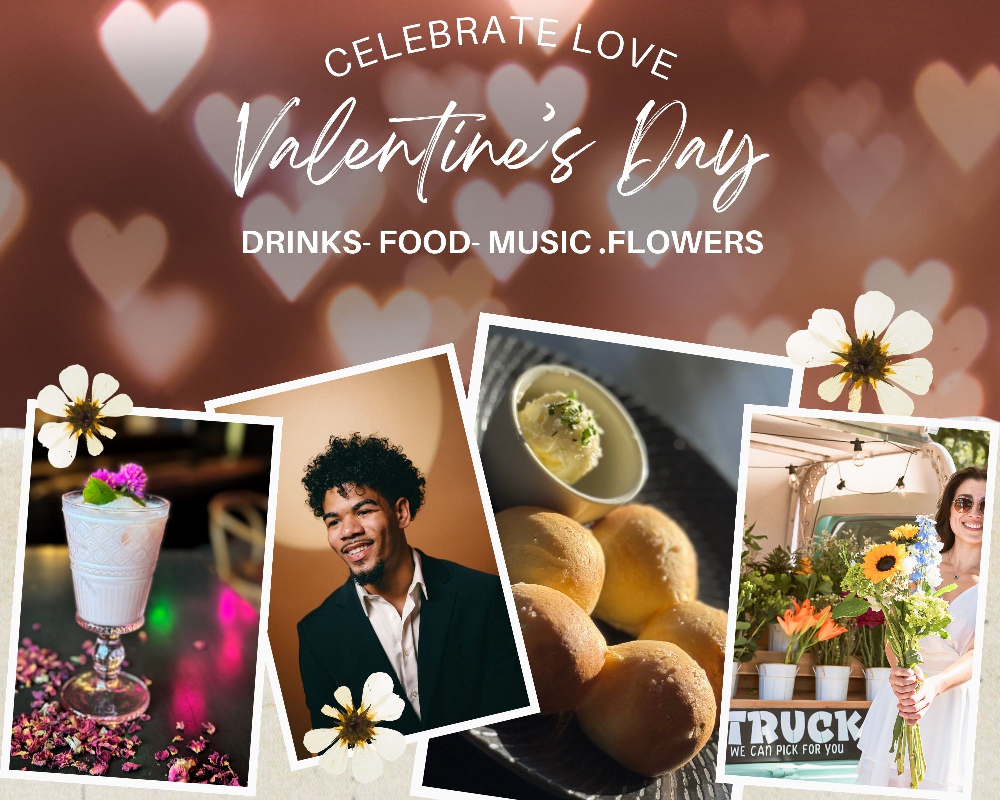 Photo of food, cocktail, and musician