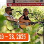 Flyer for 2025 Island Hopper Songwriter Fest event showing two musicians on a stage playing guitars.