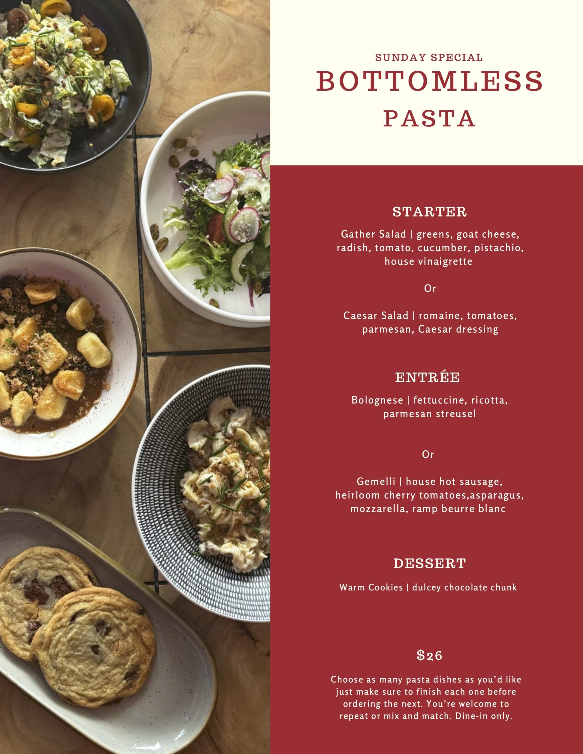 Menu for Bottomless Pasta at Gather
