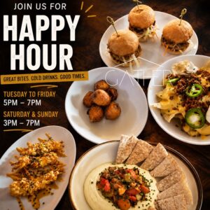 Happy Hour at Gather, image showing sliders and appetizers.