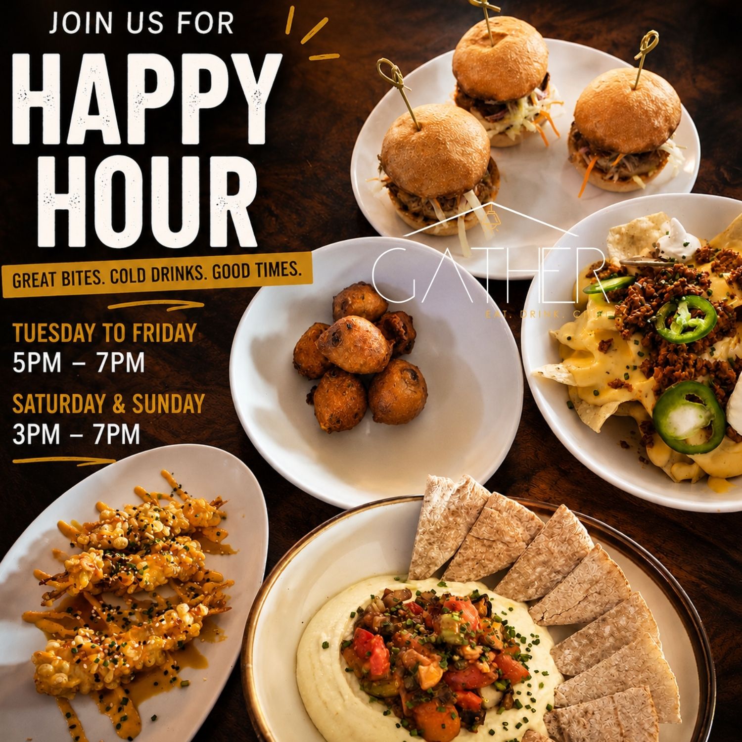 Happy Hour at Gather, image showing sliders and appetizers.