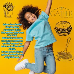 Happy kid jumping for joy because kids eat for free at Gather on Sundays!