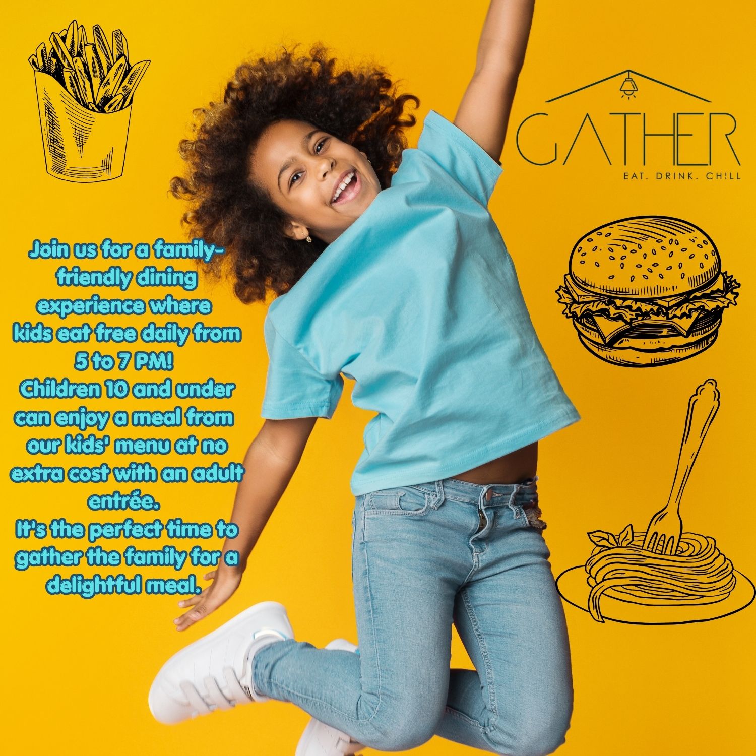 Happy kid jumping for joy because kids eat for free at Gather on Sundays!