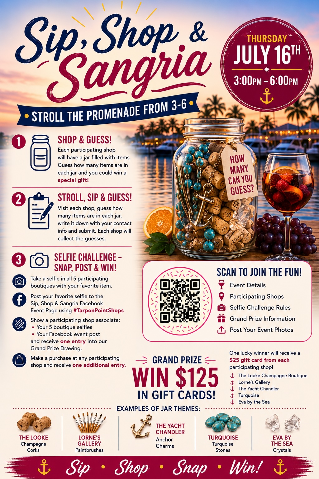 Flyer for the Sip and Stroll, showing a wine glass and jar full of beads and other nicknacks.